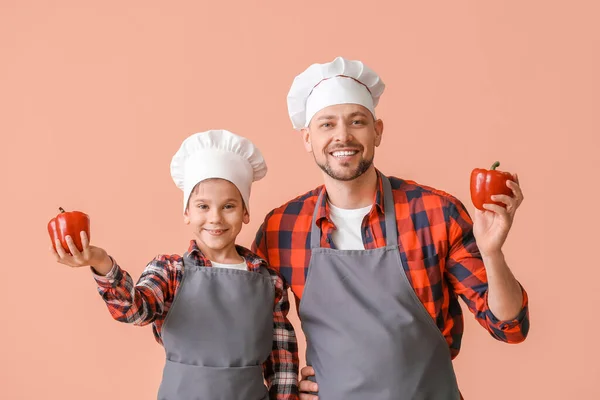 Male Chef His Little Son Color Background — Stock Photo, Image