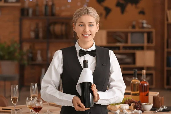 Waiter Bottle Wine Restaurant — Stock Photo, Image