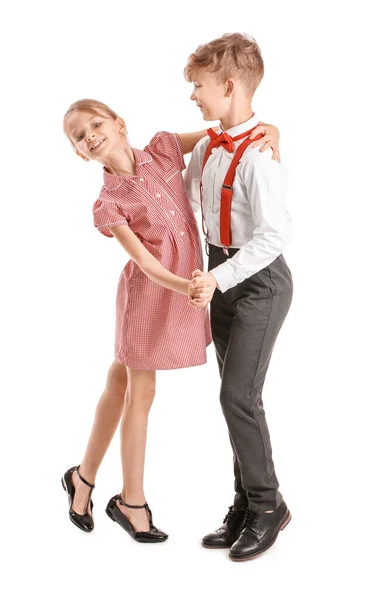 Söta Små Barn Dansar Mot Vit Bakgrund — Stockfoto