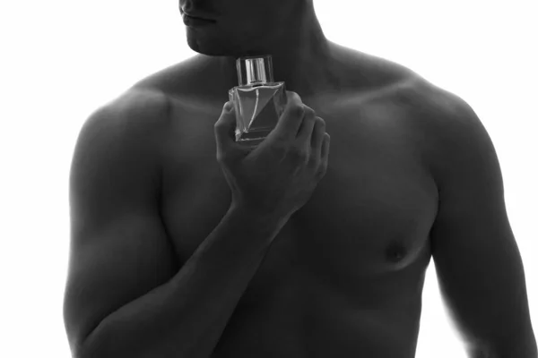 Silueta Pohledný Mladý Muž Lahví Parfému Bílém Pozadí Detailní Záběr — Stock fotografie