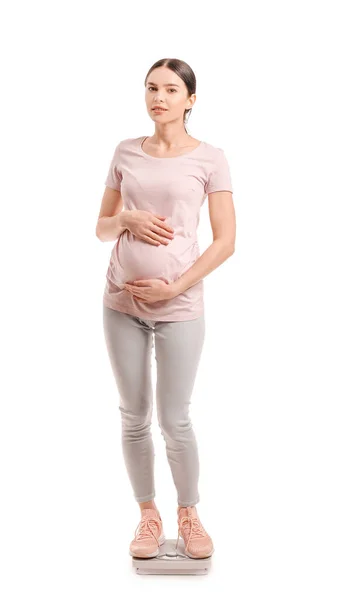 Young Pregnant Woman Measuring Her Weight White Background — Stock Photo, Image