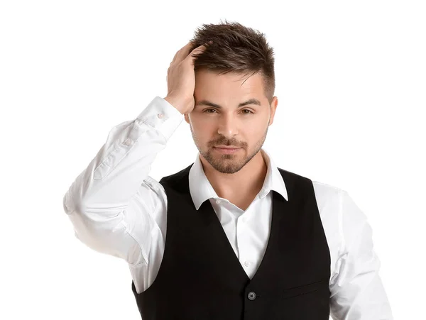 Handsome Man Stylish Hairdo White Background — Stock Photo, Image