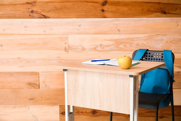 Modern School Desk Wooden Wall — Stock Photo, Image