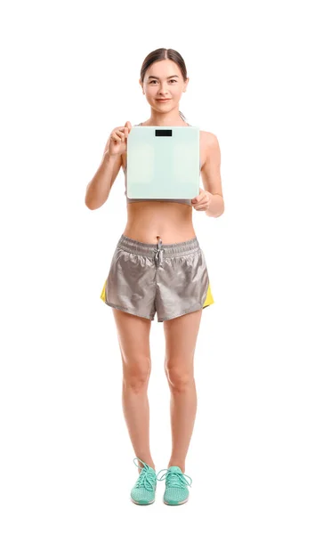 Young Woman Weight Scales White Background — Stock Photo, Image