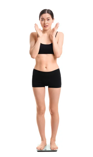Schockierte Junge Frau Misst Ihr Gewicht Vor Weißem Hintergrund — Stockfoto