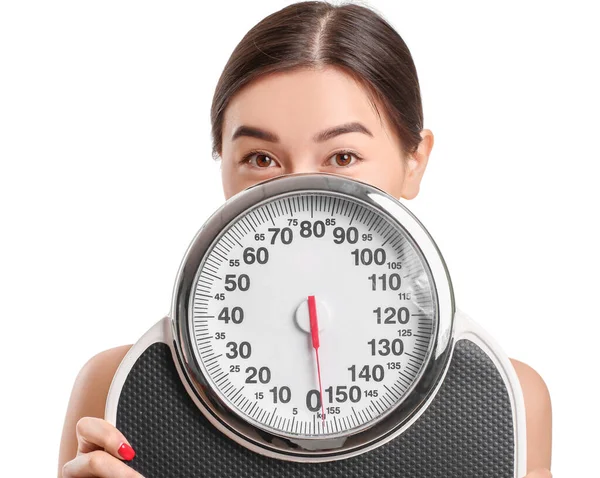 Young Woman Weight Scales White Background — Stock Photo, Image