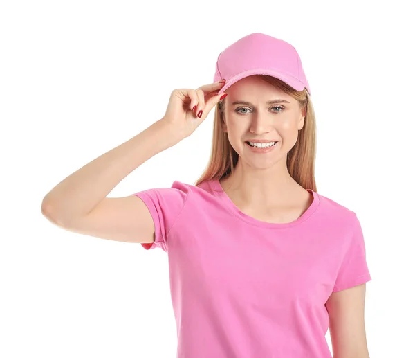 Beautiful Young Woman Stylish Cap White Background — Stock Photo, Image