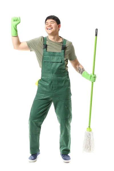 Male Janitor Mop Having Fun White Background — Stock Photo, Image