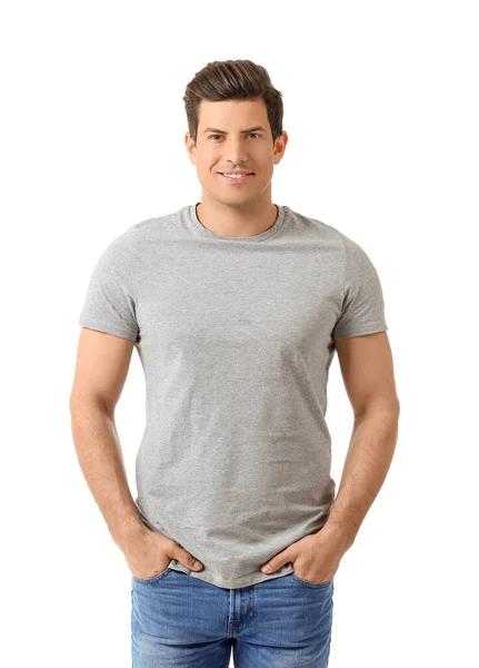 Hombre Elegante Camiseta Sobre Fondo Blanco —  Fotos de Stock