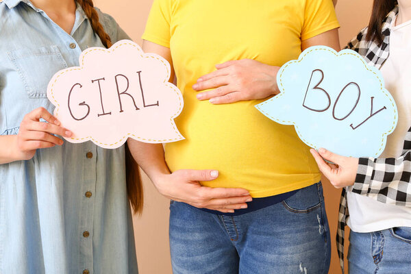 Лесбиянка пара и беременная женщина с написанными словами ДЕВУШКА и БОЙ на бумаге на цветном фоне. Концепция суррогатного материнства
