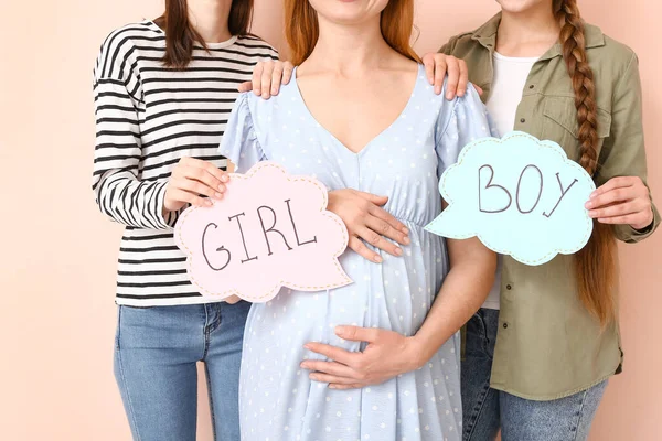 Lesbian Couple Pregnant Woman Written Words Girl Boy Papers Color — Stock Photo, Image