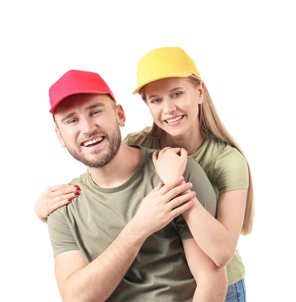 Jovem Casal Bonés Elegantes Fundo Branco — Fotografia de Stock