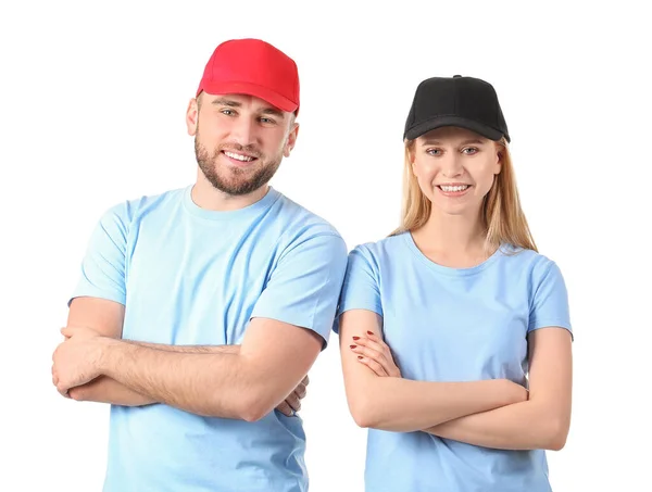 Young Couple Stylish Caps White Background — Stock Photo, Image