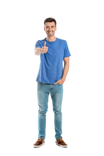 Hombre Con Elegante Camiseta Que Muestra Pulgar Hacia Arriba Sobre —  Fotos de Stock