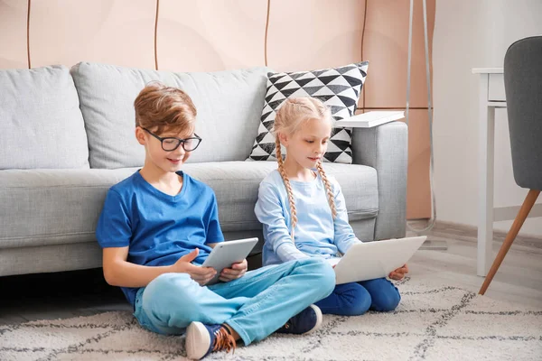 Cute Little Children Laptop Tablet Home Concept Online Education — Stock Photo, Image