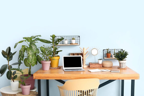 Comfortable workplace with modern laptop and houseplants in room