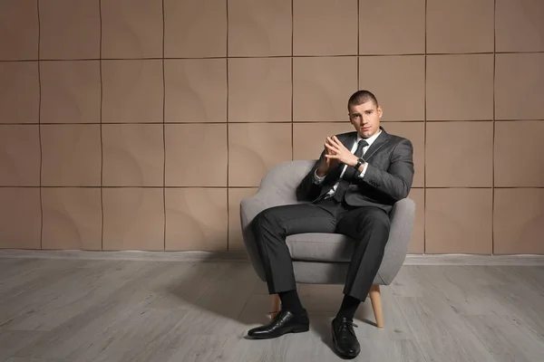 Handsome Young Man Elegant Suit Indoors — Stock Photo, Image