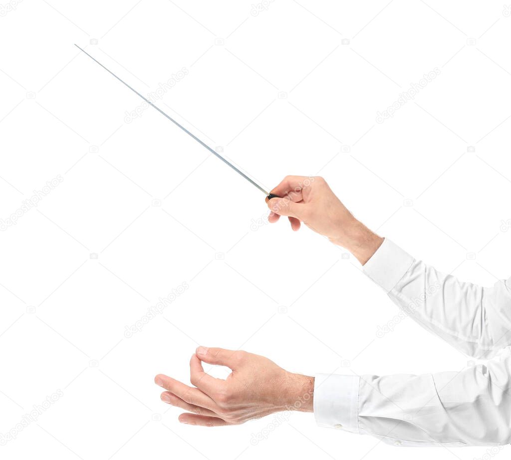 Hands of senior male conductor on white background