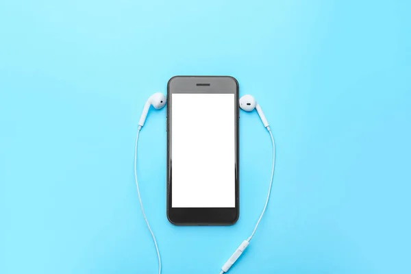 Modern Mobile Phone Earphones Color Background — Stock Photo, Image