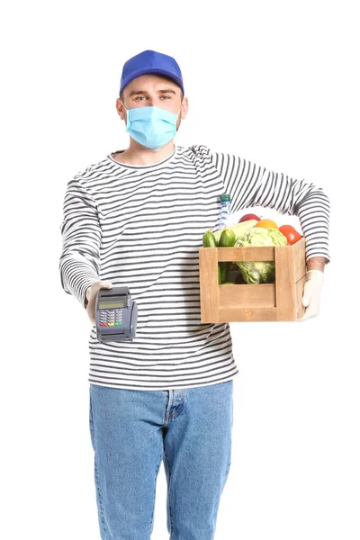 Werknemer Van Food Delivery Bedrijf Met Betaalterminal Witte Achtergrond Begrip — Stockfoto