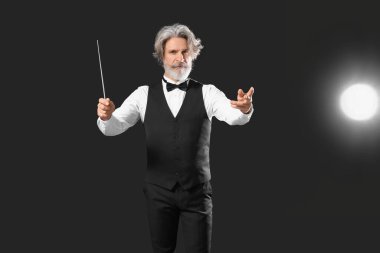 Koyu arkaplanda kıdemli erkek şef.