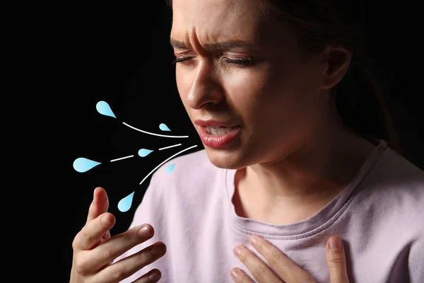 Toux Jeune Femme Sur Fond Sombre Concept Épidémie — Photo