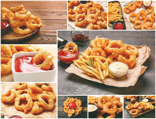 Collage Photos Tasty Onion Rings Sauces — Stock Photo, Image