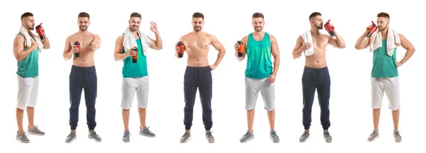 Homem Desportivo Com Batido Proteína Fundo Branco — Fotografia de Stock