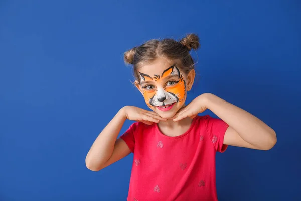 Funny Little Girl Face Painting Color Background — Stock Photo, Image