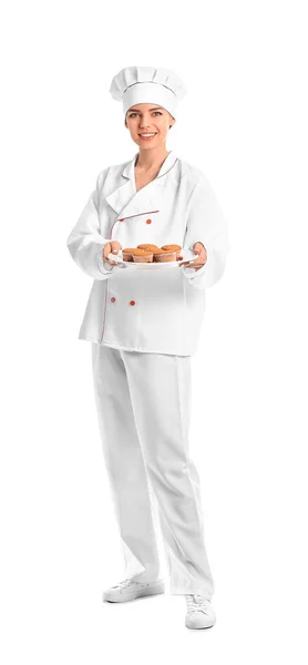 白い背景においしいデザートの女性のお菓子 — ストック写真