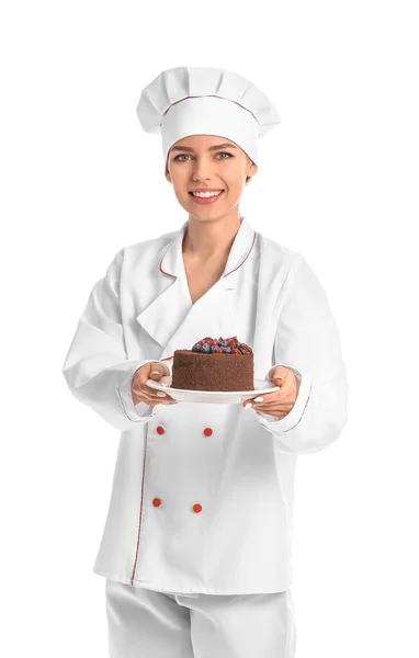 Кондитер Женщина Вкусным Десертом Белом Фоне — стоковое фото