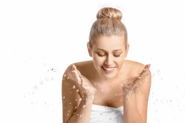 Woman Washing Face White Background — Stock Photo, Image