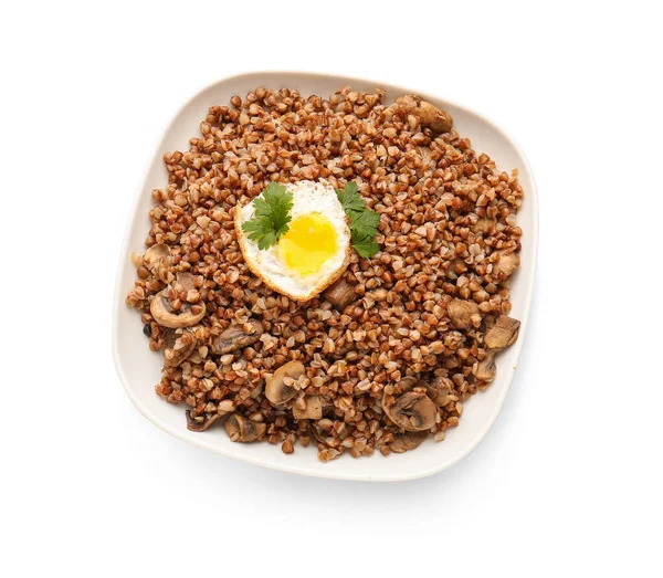 Plate Tasty Buckwheat Porridge Eggs White Background — Stock Photo, Image