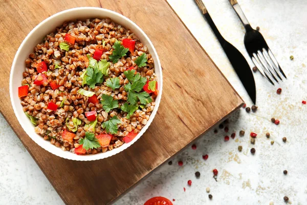 Bowl Tasty Buckwheat Porridge Vegetables White Background — Stock Photo, Image