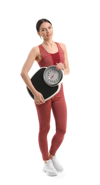 Young Woman Measuring Scales White Background — Stock Photo, Image