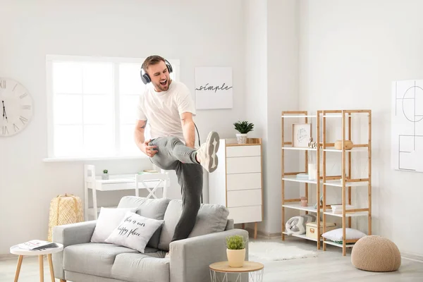 Handsome Man Dancing Listening Music Home — Stock Photo, Image