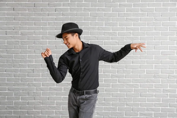 African American Teenager Dancing Brick Background — Stock Photo, Image