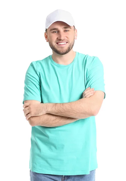 Hombre Guapo Elegante Gorra Sobre Fondo Blanco — Foto de Stock