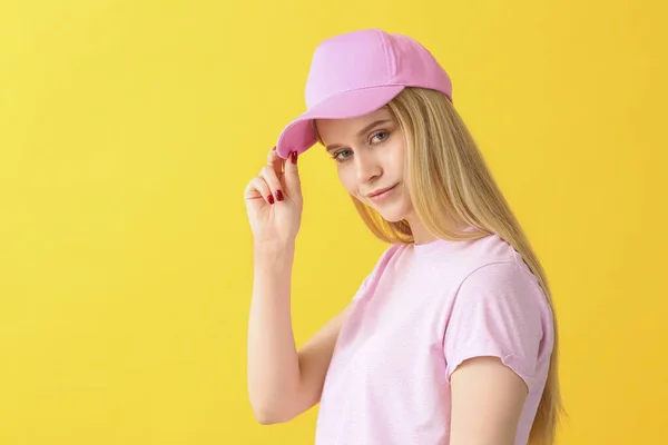 Beautiful Young Woman Stylish Cap Color Background — Stock Photo, Image