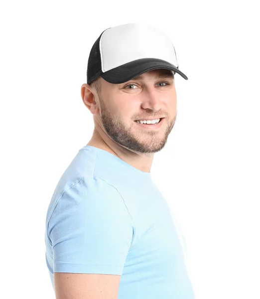 Hombre Guapo Elegante Gorra Sobre Fondo Blanco — Foto de Stock