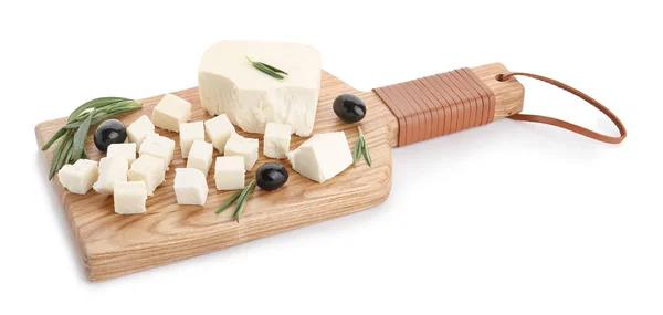 Board Tasty Cut Feta Cheese Olives Herbs White Background — Stock Photo, Image