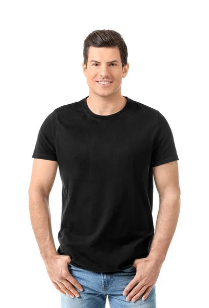 Hombre Elegante Camiseta Sobre Fondo Blanco — Foto de Stock