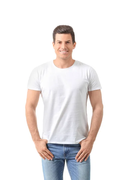 Homem Elegante Shirt Fundo Branco — Fotografia de Stock