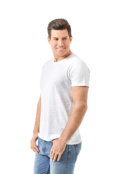 白い背景にスタイリッシュなTシャツの男 — ストック写真