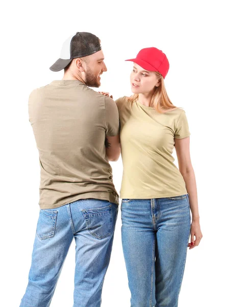 Young Couple Stylish Caps White Background — Stock Photo, Image