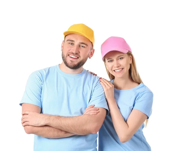 Junges Paar Stylischen Kappen Auf Weißem Hintergrund — Stockfoto