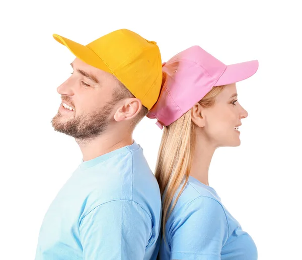 Jovem Casal Bonés Elegantes Fundo Branco — Fotografia de Stock