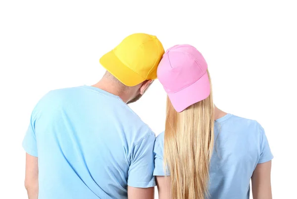 Young Couple Stylish Caps White Background Back View — Stock Photo, Image