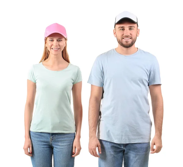 Young Couple Stylish Caps White Background — Stock Photo, Image