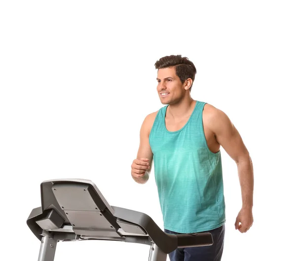 Entrenamiento Hombre Joven Deportivo Cinta Correr Sobre Fondo Blanco — Foto de Stock